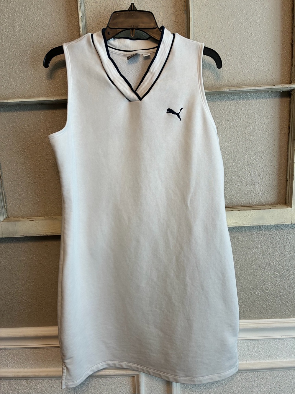 Puma White and Navy Ribbed Collar Sport Top